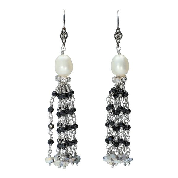 Dendrite Opal Black Spinel Fresh Water Pearl and Natural Zircon Sterling Silver Rhodium Earrings