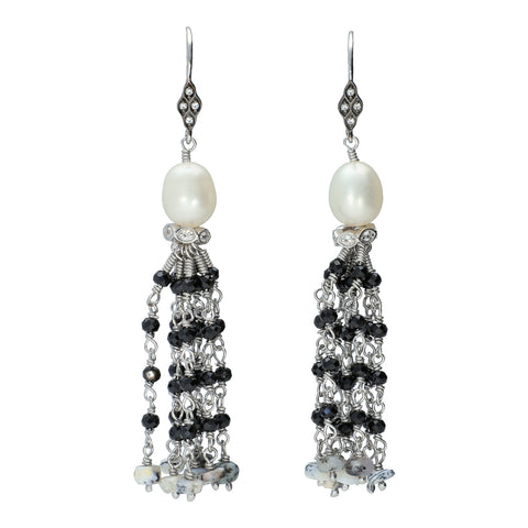 Dendrite Opal Black Spinel Fresh Water Pearl and Natural Zircon Sterling Silver Rhodium Tassel Dangle Earrings, designer earrings