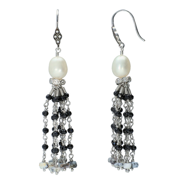 Dendrite Opal Black Spinel Fresh Water Pearl and Natural Zircon Sterling Silver Rhodium Earrings