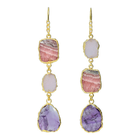 Rhodochrosite Pink Druzy Amethyst and Natural Zircon Sterling Silver Gold Plated Earrings
