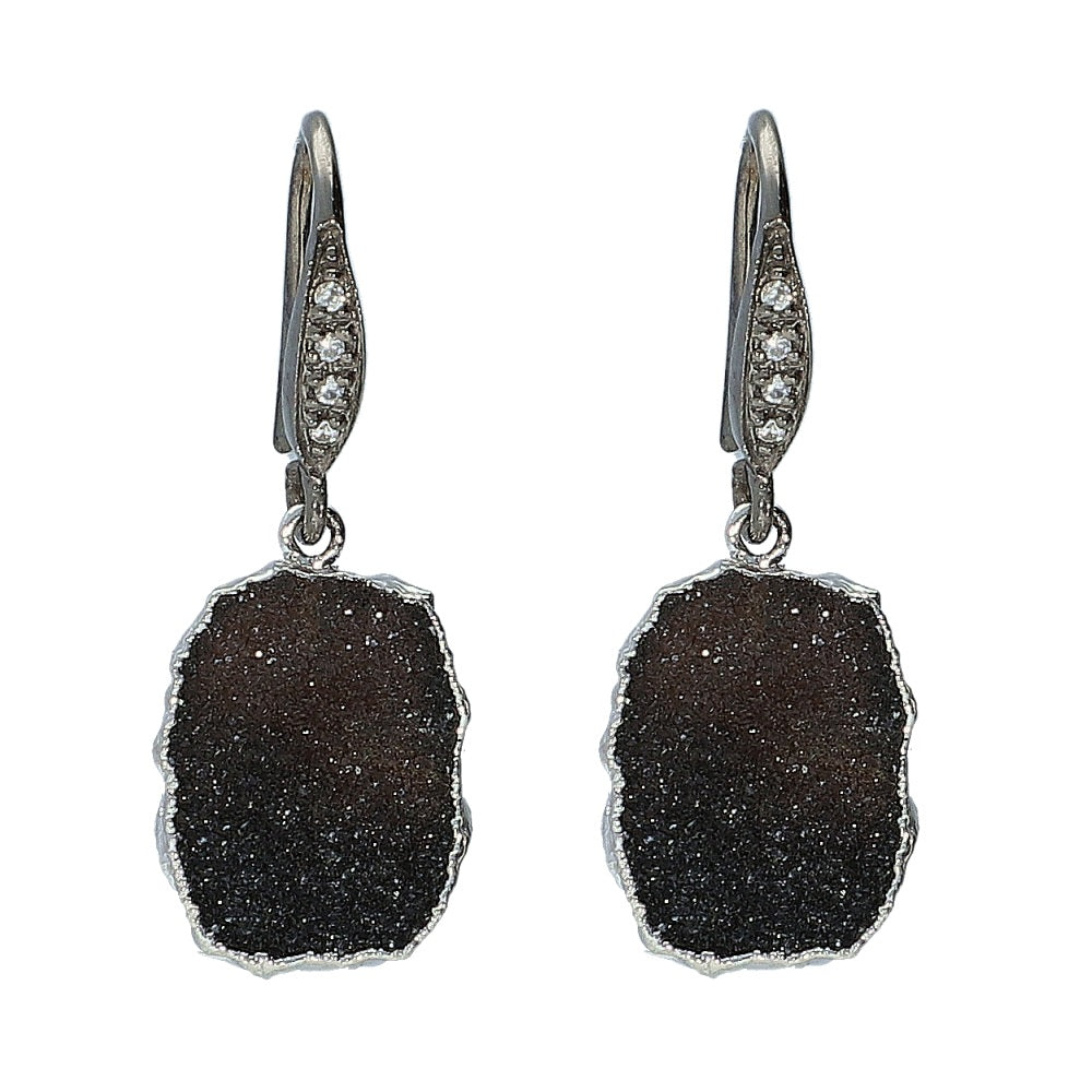 Black Druzy and Natural Zircon Sterling Silver Rhodium Gemstone Drop Earrings, xmas present for girlfriend