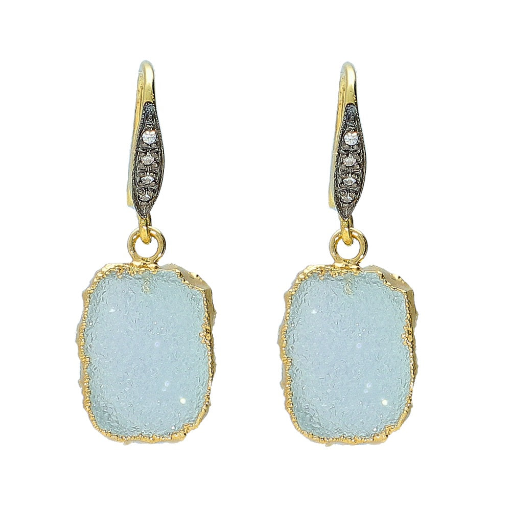 Aqua Druzy and Natural Zircon Sterling Silver Gold Plated Gemstone Drop Earrings, christmas gift for girlfriend