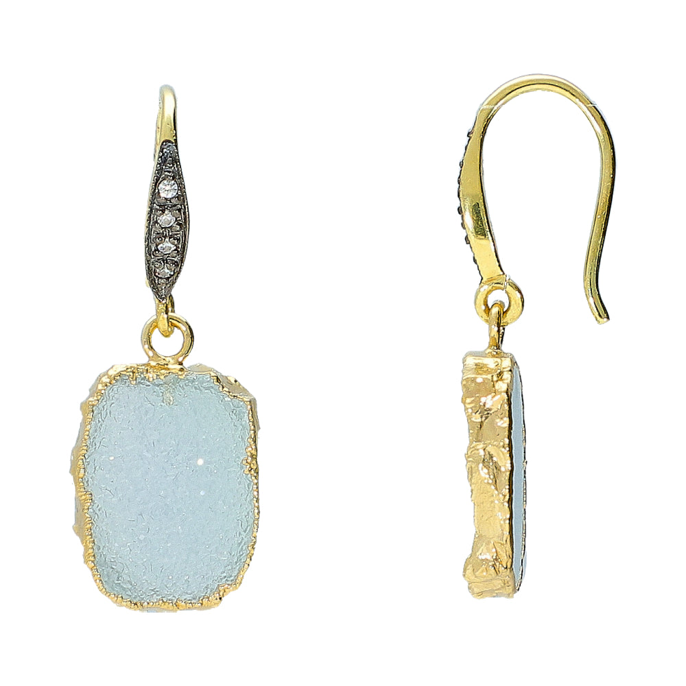 Aqua Druzy Gemstone Drop Earrings Sterling Silver Gold Plated - Hilary Joy Couture