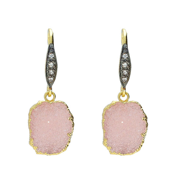 Pink Druzy and Natural Zircon Sterling Silver Gold Plated Earrings