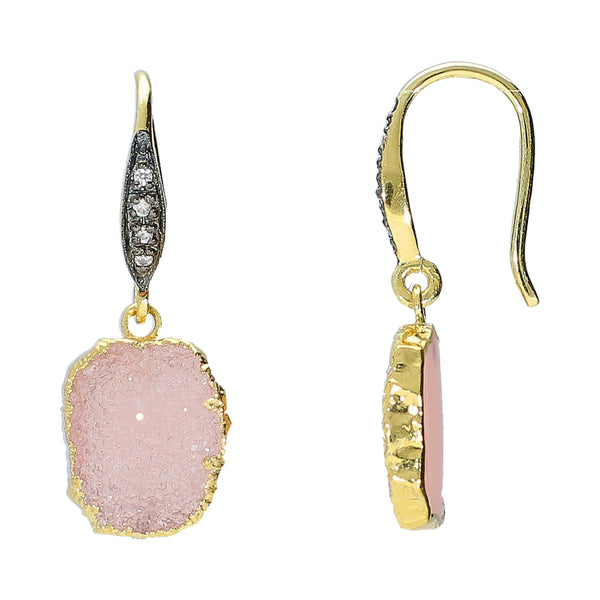 Pink Druzy Gemstone Drop Earrings Sterling Silver Gold Plated