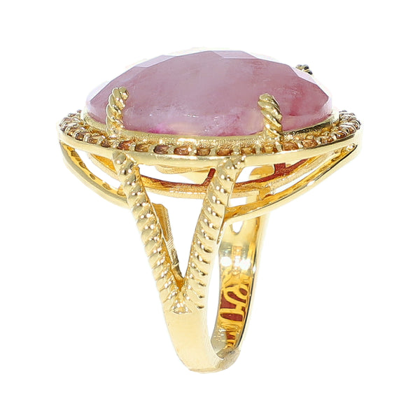 Rainbow Moonstone Doublet Ruby Dyed Corundum with Champagne Zircon Sterling Silver Gold Plated Ring