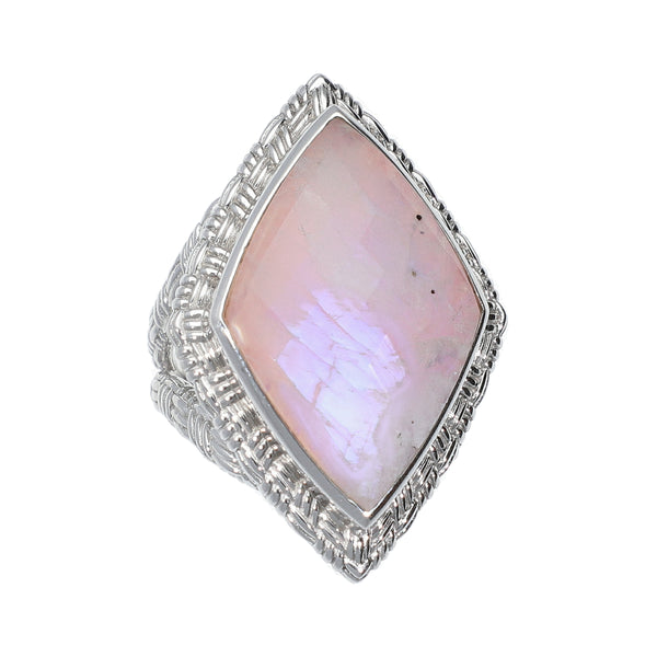 Rainbow Moonstone Doublet and Rhodochrosite Sterling Silver Rhodium Ring