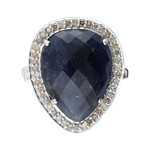 Blue Sapphire with Champagne Diamond Sterling Silver Rhodium Ring