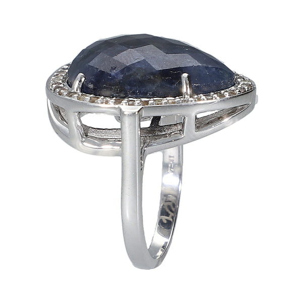 Blue Sapphire with Champagne Diamond Sterling Silver Rhodium Ring