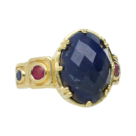 Blue Sapphire and Pink Sapphire Sterling Silver Gold Plated Unique Statement Ring, fashion statement ring for women