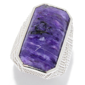 Charoite Sterling Silver Rhodium Large Gemstone Dinner Ring for Women, natural gemstone large silver statement ring