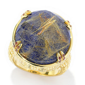 Golden Rutilated Quartz Doublet, Lapis, Champagne Zircon Sterling Silver Gold Plated Large Gemstone Cocktail Ring, costume ring jewelry, christmas jewelry gift