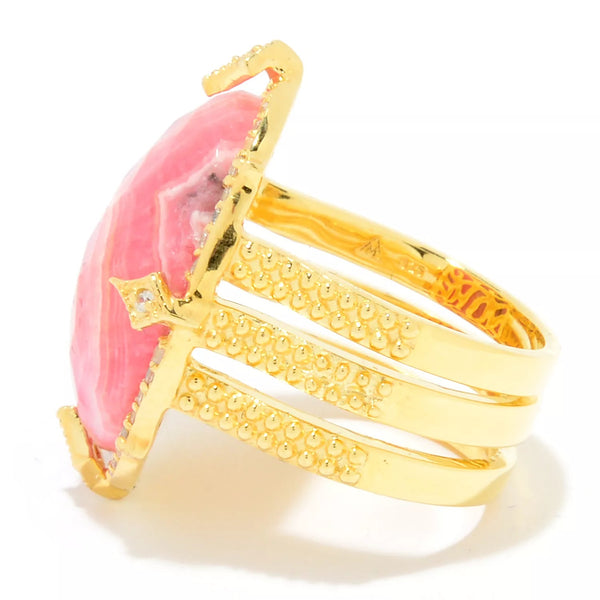 Rhodochrosite Large Gemstone Cocktail Ring Sterling Silver Gold Plated