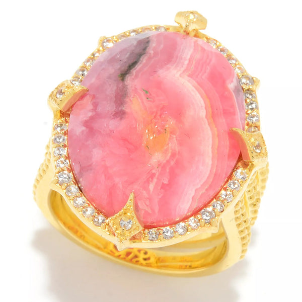 Rhodochrosite with Natural Zircon Sterling Silver Gold Plated Large Gemstone Statement Cocktail Ring, designer cocktail ring, christmas jewelry gift for wife, girlfriend