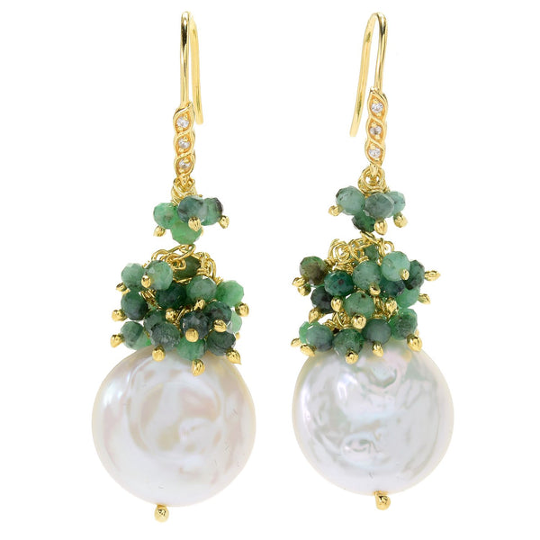 Emerald and Fresh Water Pearl Unique Dangle Drop Earrings Sterling Silver Gold Plated , christmas jewelry gift for girlfriend, 