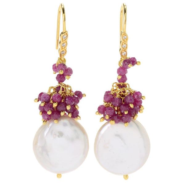 Ruby, Fresh Water Pearl, White Zircon Sterling Silver Gold Plated Unique Dangle Drop Earrings, christmas jewelry gift for girlfriend