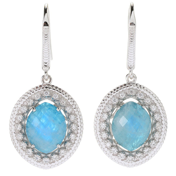 Rainbow Moonstone Doublet, Apatite, Natural Zircon Sterling Silver Rhodium Earring