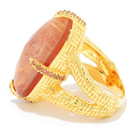 Golden Rutilated Quartz Doublet, Red Onyx, Champagne Zircon Sterling Silver Gold Plated Ring