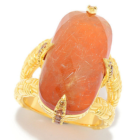 Golden Rutilated Quartz Doublet, Red Onyx, Champagne Zircon Sterling Silver Gold Plated Ring