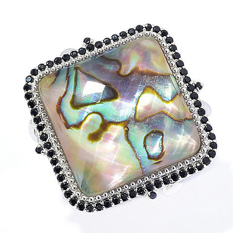 Crystal Quartz Doublet, Abalone, Black Spinel Sterling Silver Rhodium Ring