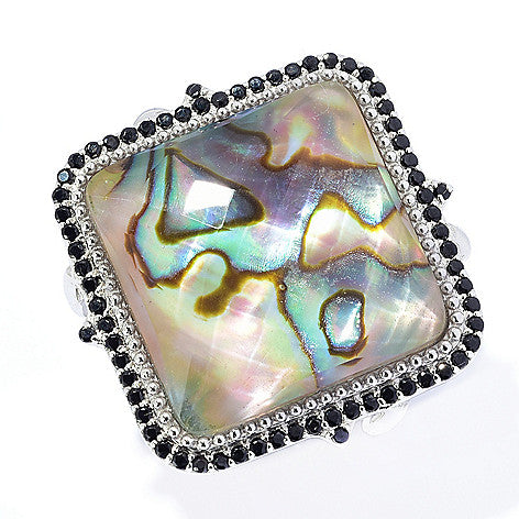 Crystal Quartz Doublet, Abalone, Black Spinel Sterling Silver Rhodium Large Gemstone Cocktail Ring, designer ring christmas jewelry gift for girlfriend