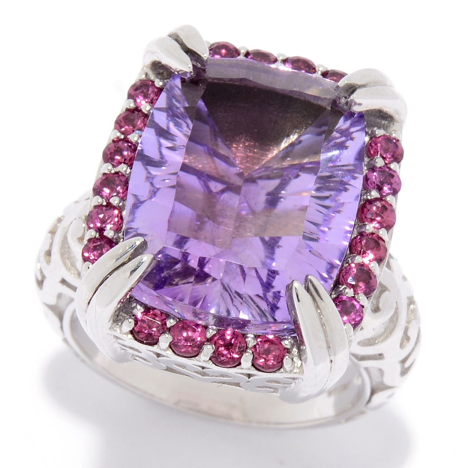 Pink Amethyst, Rhodolite Garnet, Sterling Silver Rhodium Large Gemstone Statement Cocktail Ring for women