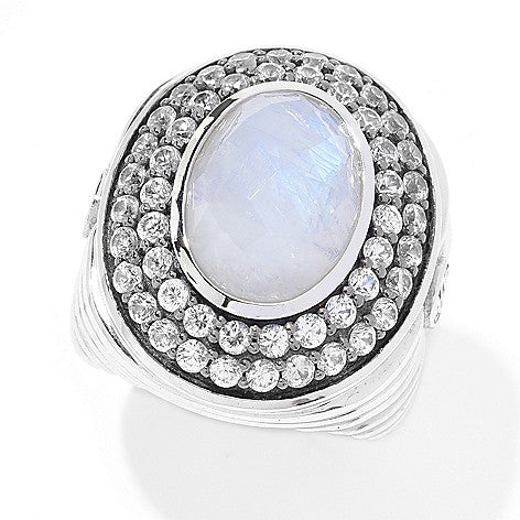 Rainbow Moonstone, Natural Zircon Sterling silver Rhodium Statement Cocktail Ring for Women, designer big stone ring, christmas jewelry gift, xmas present