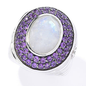 Rainbow Moonstone, Amethyst Sterling Silver Rhodium Statement Cocktail Ring for Women, Christmas jewelry gift for wife, girlfriend, silver rings for ladies,