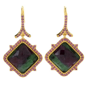 Ruby in Zoisite, Pink Sapphire Sterling Silver Gold Plated Earring