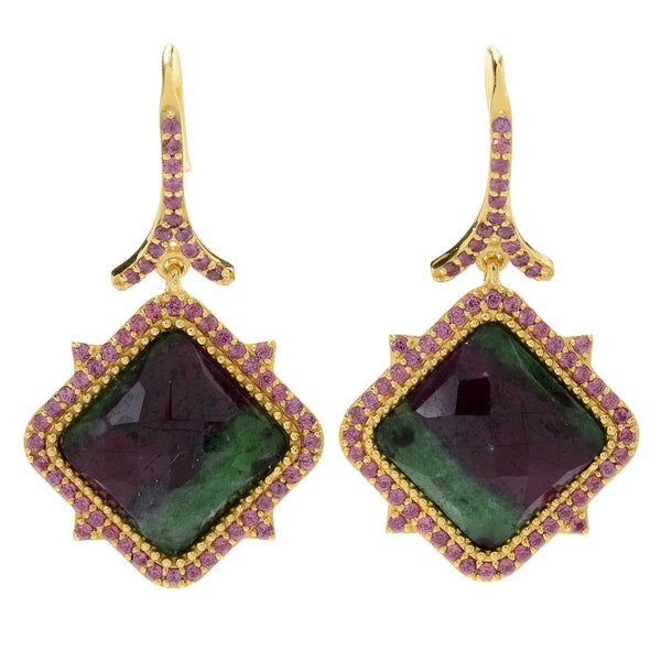 Ruby in Zoisite, Pink Sapphire Sterling Silver Gold Plated Gemstone Drop Earring, christmas jewelry gift for girlfriend
