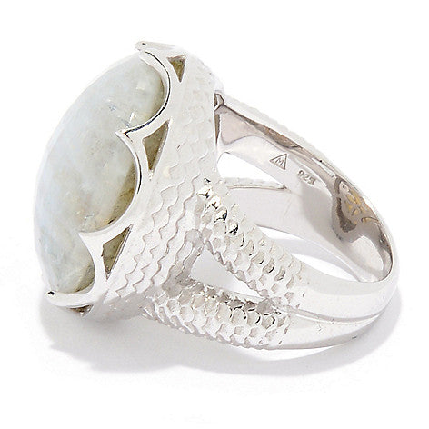 Rainbow Moonstone Doublet Large Statement Cocktail Ring Sterling Silver Rhodium for Women