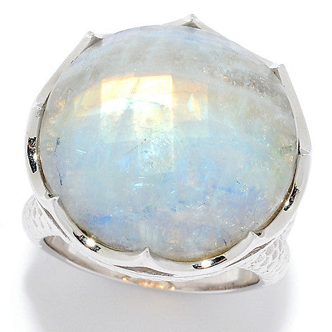 Rainbow Moonstone Doublet, Labradorite Sterling Silver Rhodium Large Gemstone Statement Cocktail Ring for Women, big stone rings, large silver ring
