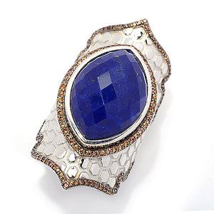 Lapis, Champagne Zircon Sterling Silver Vintage Statement Dinner Ring for Ladies, silver jewelry