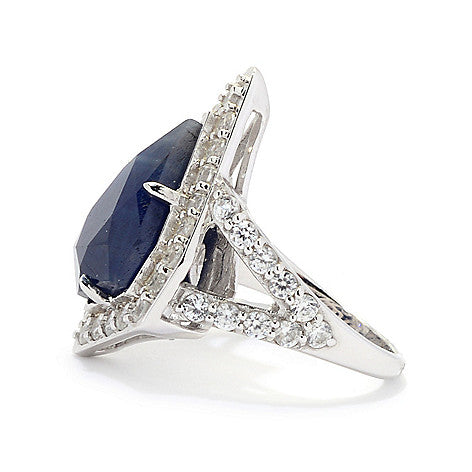 Blue Sapphire with Natural Zircon Sterling Silver Rhodium Statement Dinner Ring for Women, christmas jewelry gift for your wife, girlfriend, mother, silver  fashion statement ring