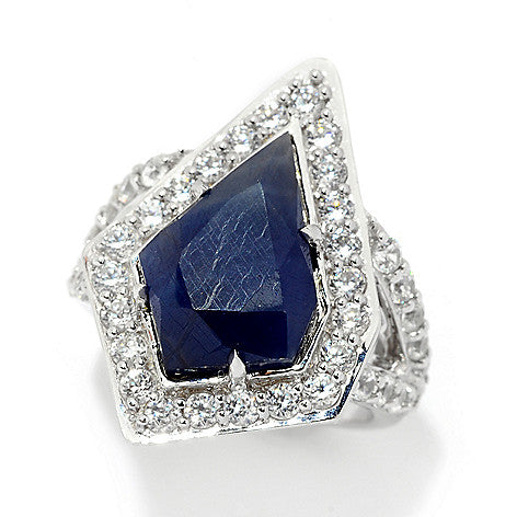 Blue Sapphire with Natural Zircon Sterling Silver Rhodium Ring