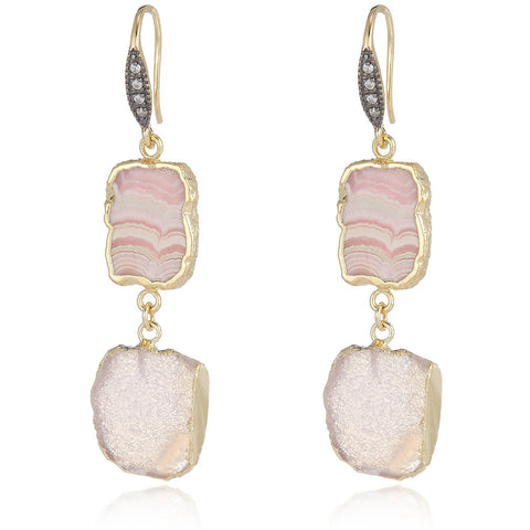 Rhodochrosite, Pink Druzy and Natural Zircon Sterling Silver Gold Plated Earrings