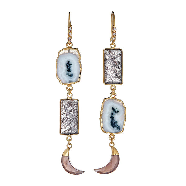 Solar Quartz Green Onyx and Natural Zircon Sterling Silver Gold Plated Double Drop Earrings, dangling earrings, multi gemstone
