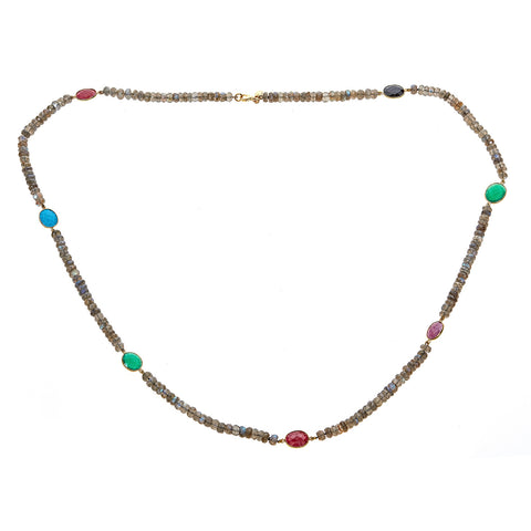 Green Agate, Black Onyx, Howlite, Dyed Corundum, Pink Sapphire, Labradorite Sterling Silver Gold Plated Necklace