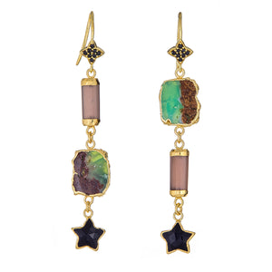 Black Spinel, Max Chrysoprase, Caramel Moonstone, Black Onyx Sterling Silver Gold Plated Earrings