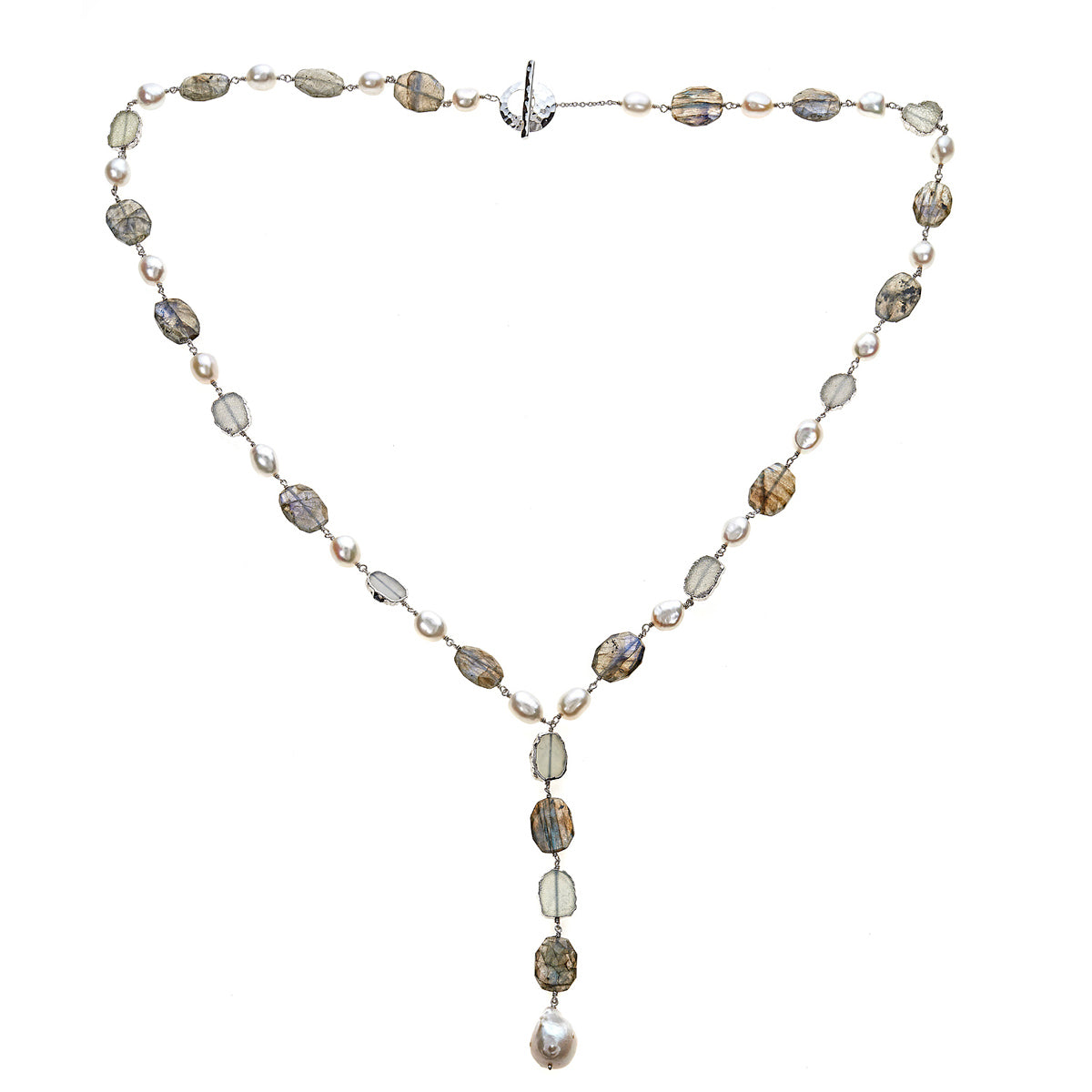 Labradorite, Fresh Water Pearl, Aqua Druzy Sterling Silver Rhodium Necklace