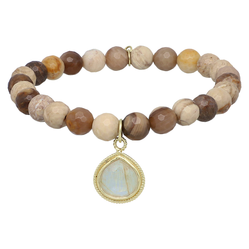 Jasper Gemstone Beaded Stretch Bracelet with Sterling Silver Gold Plated Charm, jewelry gift for her