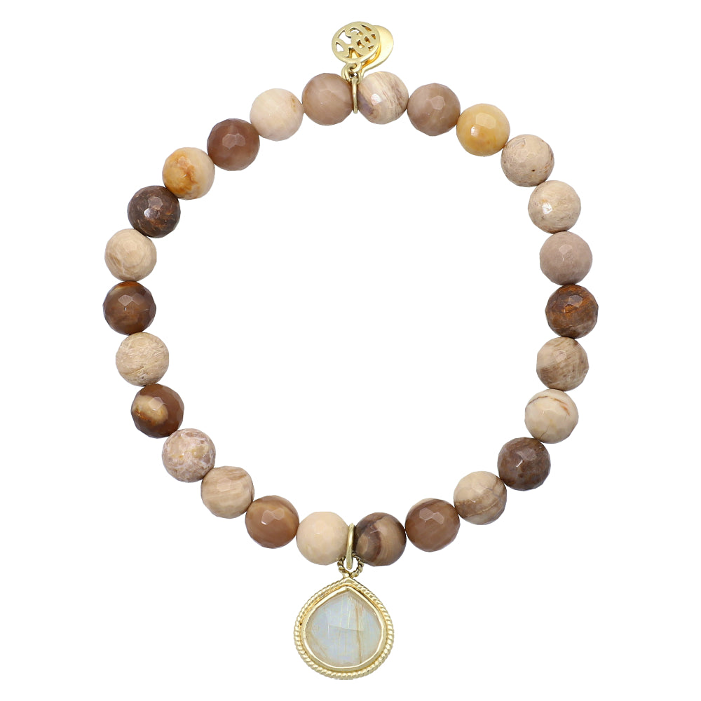 Jasper Gemstone Beaded Stretch Bracelet with Sterling Silver Gold Plated Charm - Hilary Joy Couture