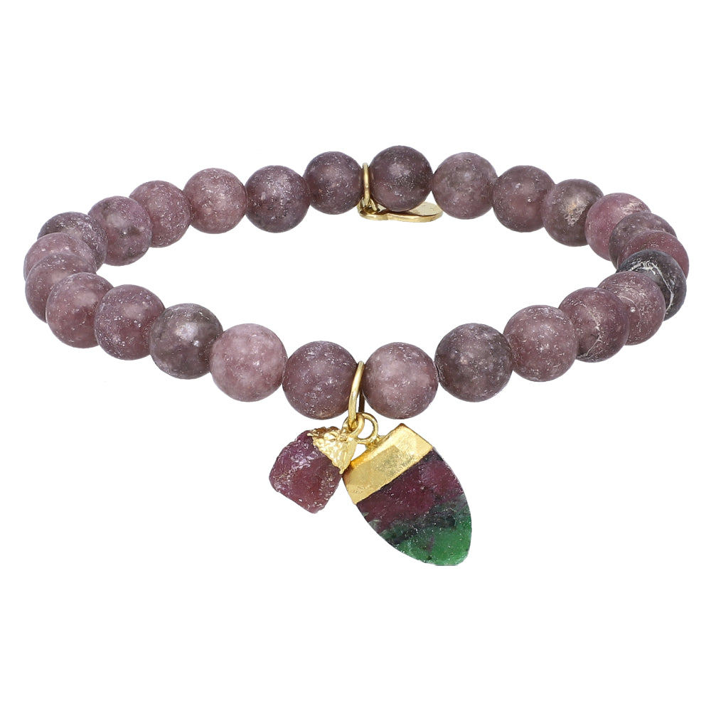 Lepidolite Gemstone Beaded Stretch Bracelet with Sterling Silver Charms, jewelry gift for wife