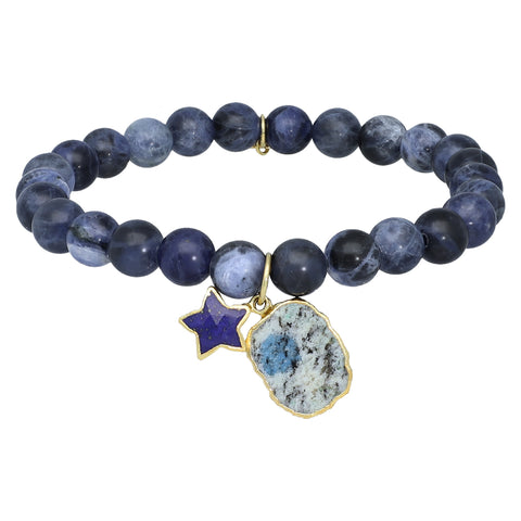 Sodalite Gemstone Beaded Stretch Bracelet with Sterling Silver Charm, beaded bracelet with charm, handmade natural gemstone stretch bracelet