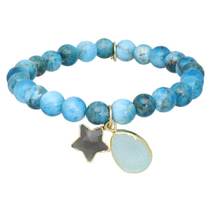 Apatite Aqua Druzy and Gray Moonstone Sterling Silver Gold Plated Bracelet