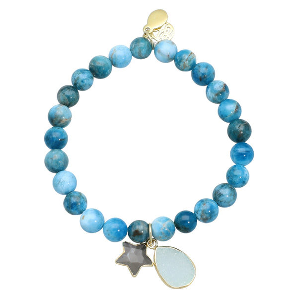 Apatite Aqua Druzy and Gray Moonstone Sterling Silver Gold Plated Bracelet