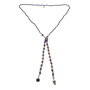 Blue Dyed Sapphire, Labradorite, Peacock Pearl, Black Druzy Sterling Silver Rhodium Necklace