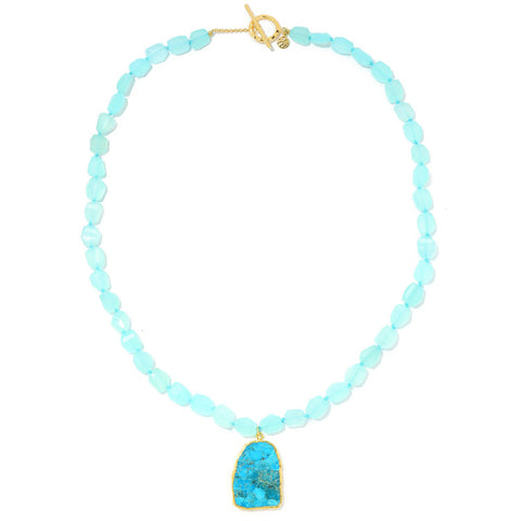Aqua Chalcedony, Block Stabilized Turquoise Sterling Silver Gold Plated Necklace