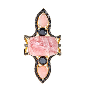 Rhodochrosite Pear Peruvian Pink Opal and Black Spinel Sterling Silver Gold Plated Vintage Dinner Ring, statement gemstone ring