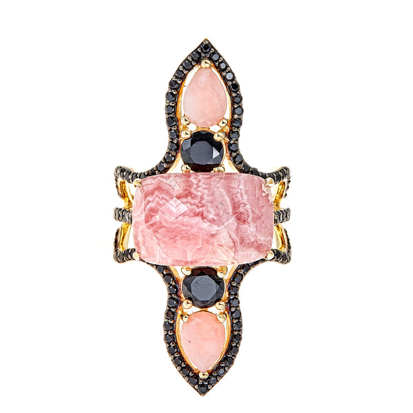 Rhodochrosite Pear Peruvian Pink Opal and Black Spinel Sterling Silver Gold Plated Vintage Dinner Ring, statement gemstone ring